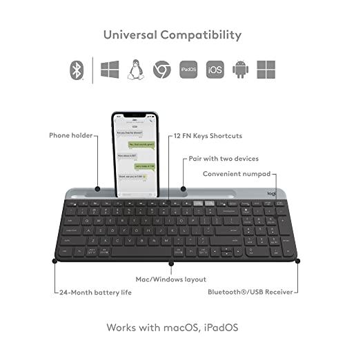 Logitech K585 Multi-Device Slim Wireless Keyboard, Built-in Cradle for Device; for Laptop, Tablet, Desktop, Smartphone, Win/Mac, Bluetooth/Receiver, Compact, Easy Switch, 24 Month Battery - Graphite